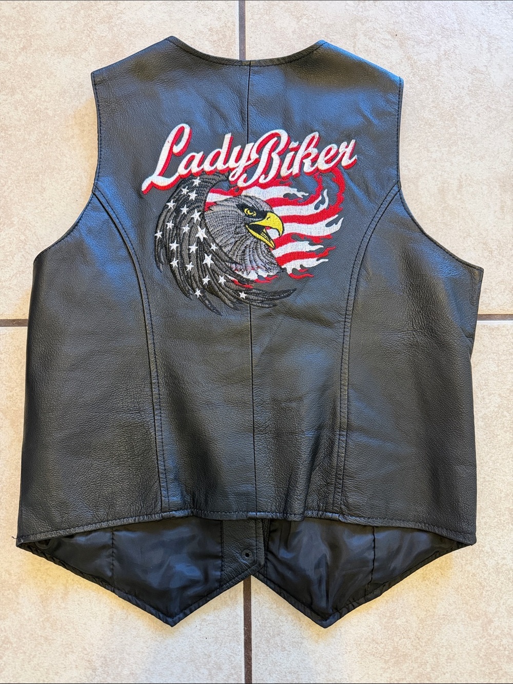 Lady Biker Embroidered Black Leather Vest